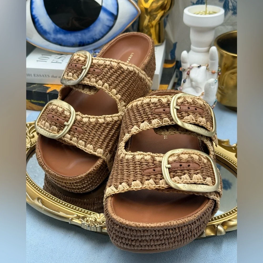🆕 LOEFFLER RANDALL 🧿 NWOB Theo Embroidered Raffia Platform Sandal, Brown Sz 7